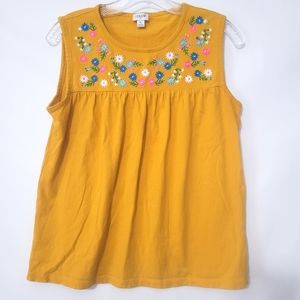 J.Crew Floral Embroidered Yoke Yellow Cotton Tee Tank Sleeveless Ladies Small